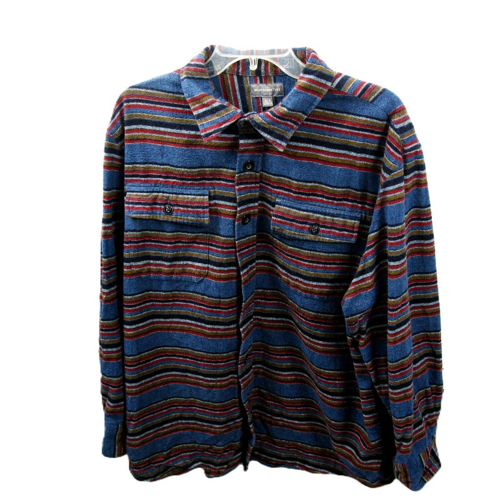 L.L. Bean Men's Blue/Rust Striped Chamois Slim Fit Button Front Shirt Size XL R